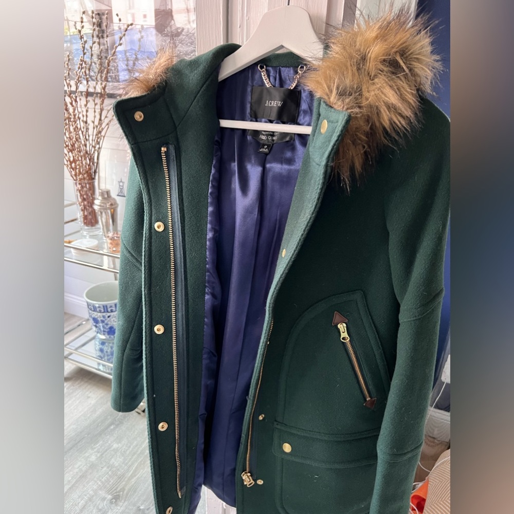 J. Crew Green Parka with Faux Fur Trim Size 0
